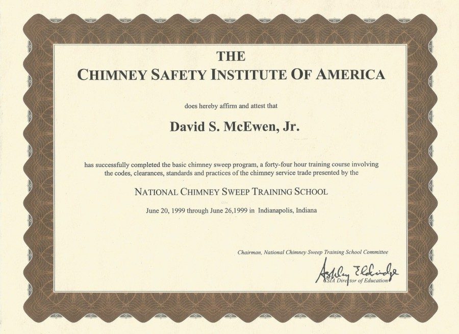 National Chimney Sweep Training School certificate